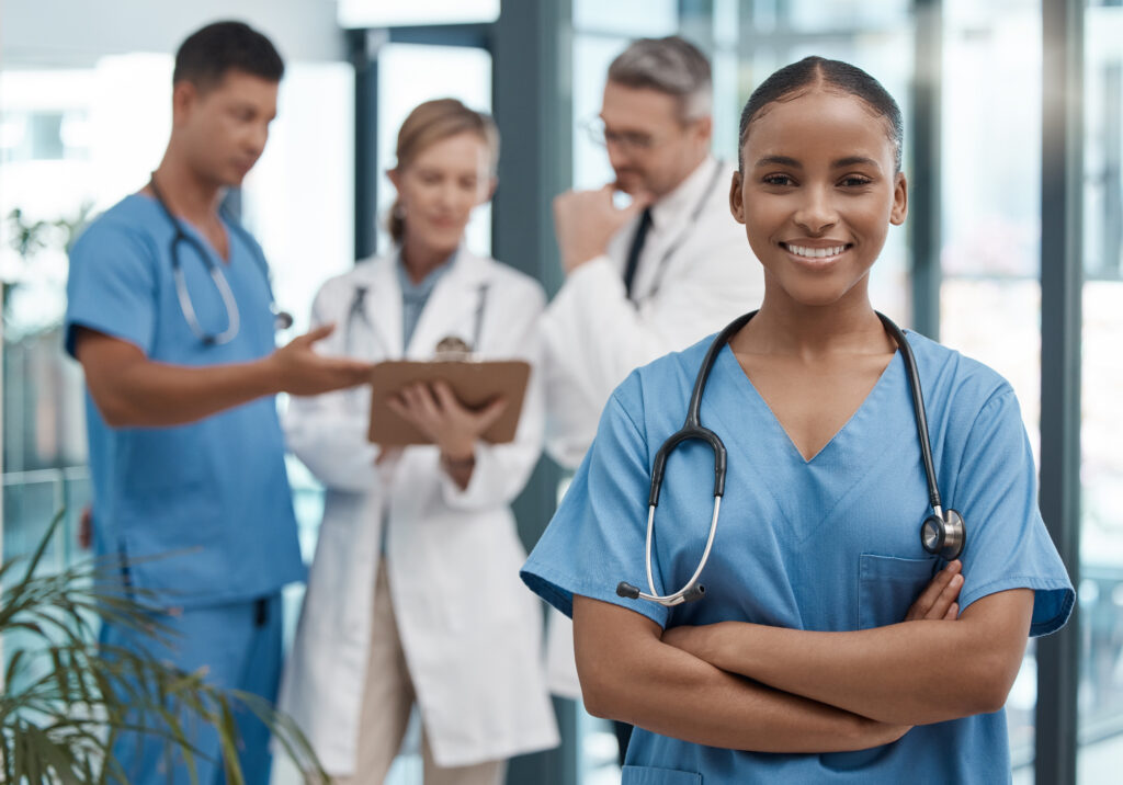 clinical research team in the hospital or clinic and smile on face. Teamwork, collaboration and leadership in healthcare, medical care and working in a clinic with nurse and doctors